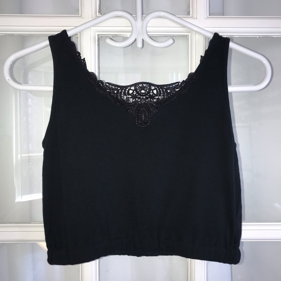 Jeanasis Cropped Black Tank Top with Lace Appliqué Neckline Small - Picture 2 of 2